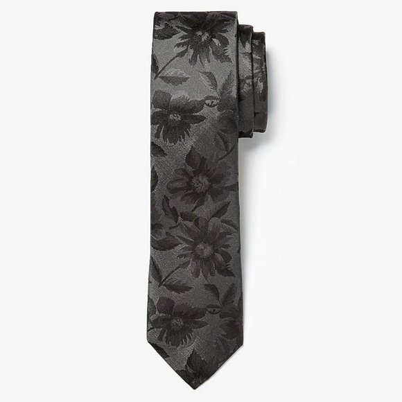 Grey Black Narrow Floral Silk Tie - Picture 4 of 4